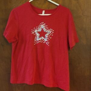Large White Stag Red Short Sleeved Top With Solver Sequin Star Embellishment